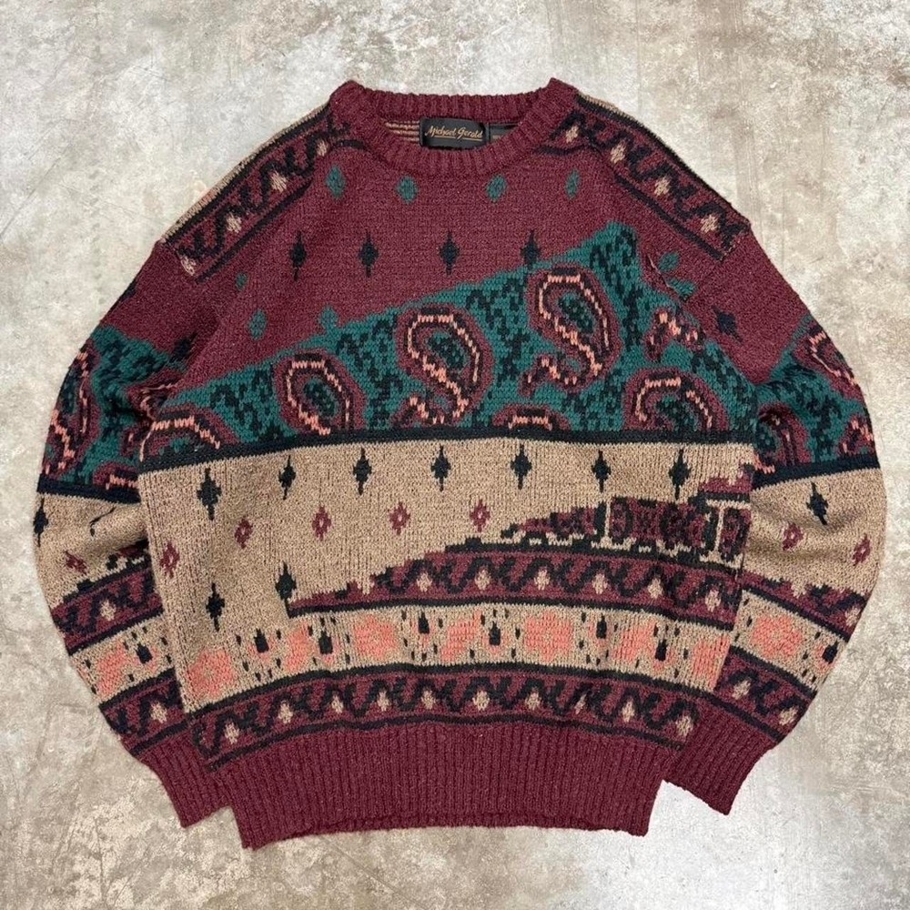 Vintage 90s Michael Gerald Abstract Multicolor Knit Acrylic Sweater Size L